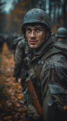 Naklejka premium World War 2 Soldiers in a battle field during a recognition 