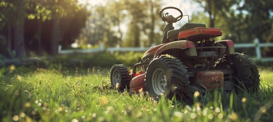 All-Terrain Red Ride-On Lawn Mower Cutting Grass on a Large, Uneven Property at Sunrise