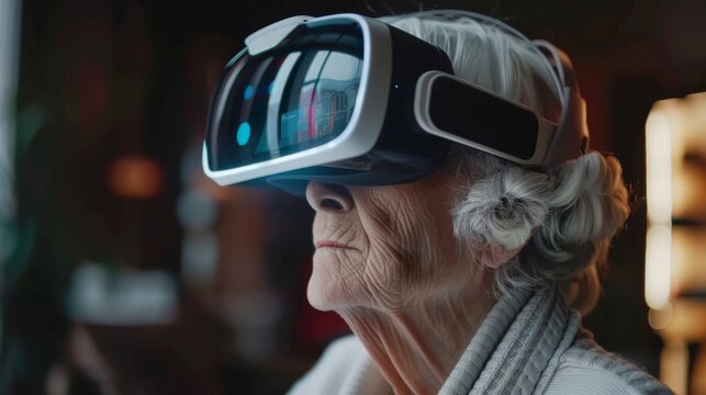 AI Assisted Living: person using virtual reality glasses, Integration of Artificial Intelligence into people's Daily Life.