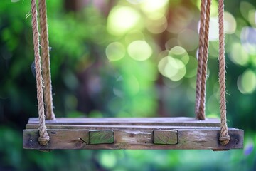 Wooden swing with rope on blurred green background