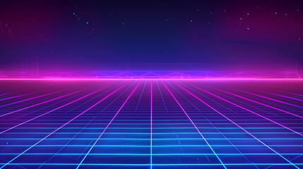 80s background grid with neon light and glow effect