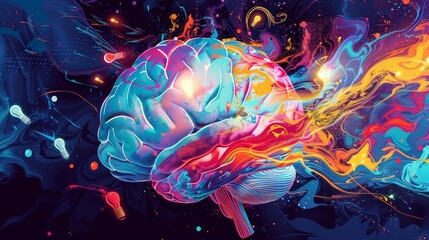 Obraz premium Bold and vibrant illustration of a brain with an eruption of swirling patterns, colors, and creative icons like light bulbs and paintbrushes