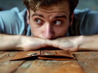 Close-up of a young man staring pensively at an open wallet on a wooden table, symbolizing financial stress and contemplation.