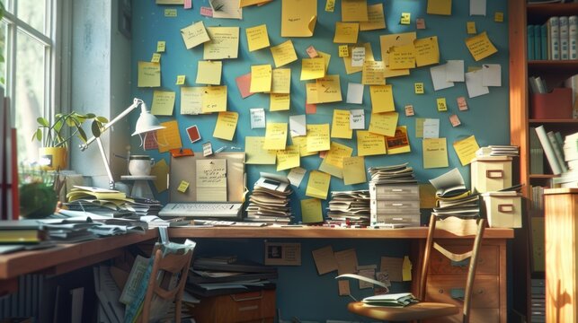 Cluttered Desk with Sticky Notes and Papers - A highly cluttered desk in a study filled with sticky notes, papers, and office supplies, depicting a chaotic workspace.