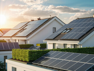 Fototapeta premium Picturesque Scene of Modern Residential Rooftops with Solar Panels at Sunset