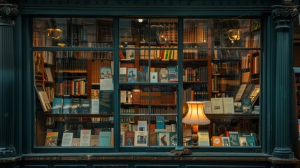 A bookshop's window display, featuring a curated selection of bestsellers and classics