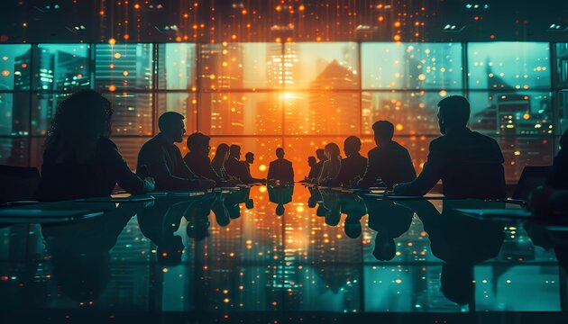 Governance and Compliance Strategy, boardroom meeting with icons of governance frameworks, compliance policies,