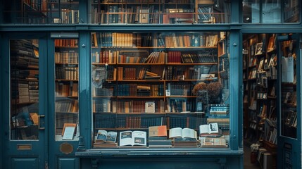 A bookshop's window display, featuring a curated selection of bestsellers and classics