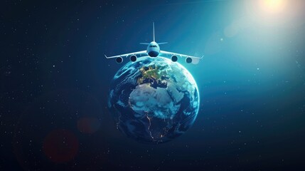 Airplane flying around the rotating earth, 3D vector. Modern design. World travel concept 