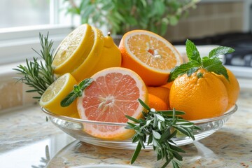 Elegant Natural Air Fresheners Display with Citrus Fruits and Herbs for Kitchen Decor and Aromatherapy