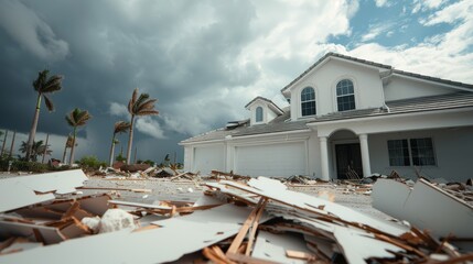 Naklejka premium Florida storm causing significant damage to a luxury home in an affluent neighborhood