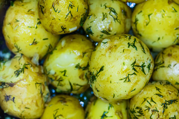 Close-up view of boiled potatoes garnished with fresh dill