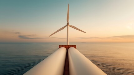 Giant wind turbine blades loaded on a cargo ship, sailing through calm ocean waters, industrial marvel of renewable energy transport, blades towering over the deck