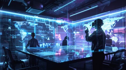 Obraz premium A business tech illustration of an engineer conducting a virtual meeting
