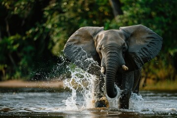 An elephant is splashing water with its trunk in the river portrait of an animal, nature environment, natural lighting, peaceful atmosphere Generative AI