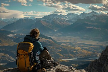 Fototapeta premium Backpacker resting at a mountain viewpoint, with their gear beside them and a breathtaking view of valleys and peaks stretching out below, capturing a moment of reflection and wonder 