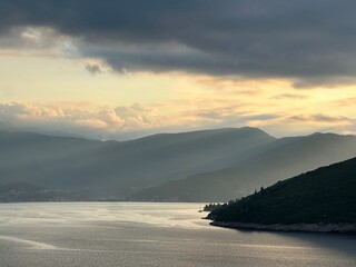 sunrise over the lake and mountains