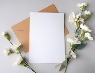 Wedding invitation mock-up with envelope and flowers