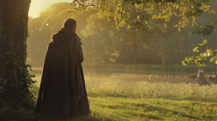 Portrait of high fashion gorgeous supermodel in medieval natural environment. Realistic photo of model in nature with perfect lighting scene.