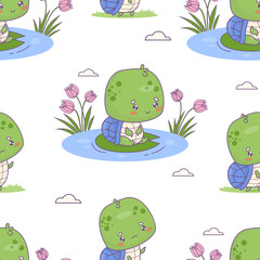 Seamless pattern with turtle on lake with flowers