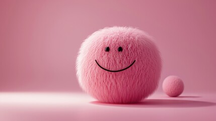Cute and cheerful pink fuzzy ball with a smiling face on a pink background, radiating happiness and positivity.