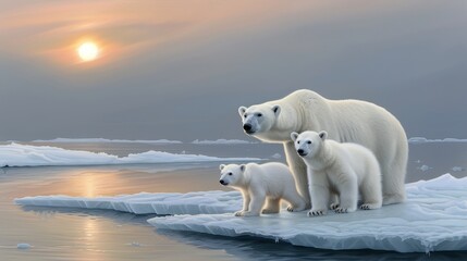 A polar bear with two cubs standing on an ice floe, gazing towards the horizon during a serene Arctic sunset.