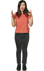 Obraz premium Full-body young Chinese woman screaming to the sky, looking up, frustrated.