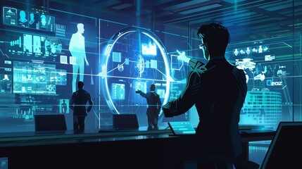Obraz premium A business tech illustration of an engineer conducting a virtual meeting