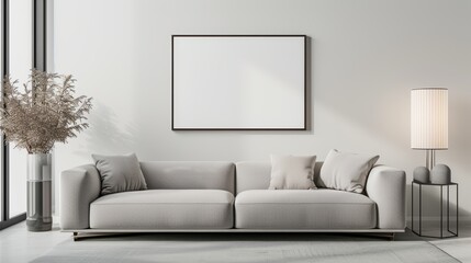 Luxurious apartment living room featuring a mockup poster frame, contemporary design with minimalist furniture, warm lighting, and sophisticated decor, 3D render