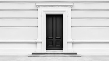Parisian art nouveau door, detailed carvings, modern minimalist facade, architectural contrast, black and white, high detail