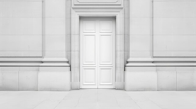 Parisian art nouveau door, detailed carvings, modern minimalist facade, architectural contrast, black and white, high detail