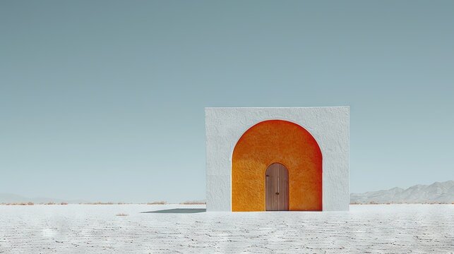  White bldg w/orange dtr in snw fld w mt bg