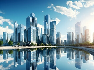 Fototapeta premium City square and skyline with modern buildings scenery, Aerial view of a business city and commercial area building, high rise building for business environment