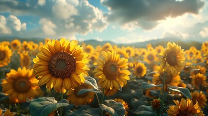 Obraz premium Golden Sunflowers Blooming in a Field at Sunset