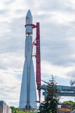 MOSCOW, RUSSIA - July 20, 2023: The copy of the Vostok rocket on which the first astronaut of Earth Yury Gagarin flew to space on April 12, 1961