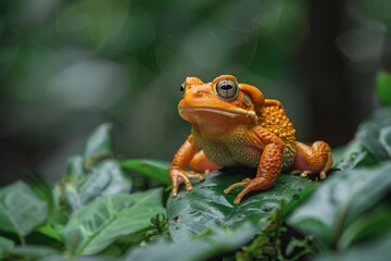 Naklejka premium Full body view of Golden Toad on leave in natural habitat, full body shot, full body View