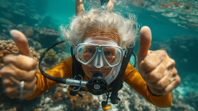 Elderly active woman underwater having fun diving wearing mask with thumbs up.The concept of positive active aging