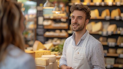 Young European cheese seller in a modern craft cheese shop advising a buyer