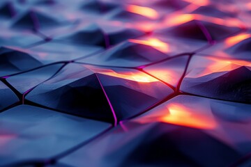 Abstract futuristic 3D geometric shapes with glowing neon lights in a gradient of purple and orange, creating a dynamic and sci-fi inspired patternabstract