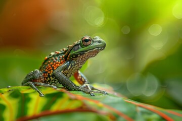 Full body view of Pool Frog on leave in natural habitat, full body shot, full body View