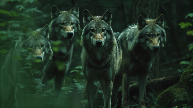 A wolf pack in the depths of a green forest, the wild life of nature