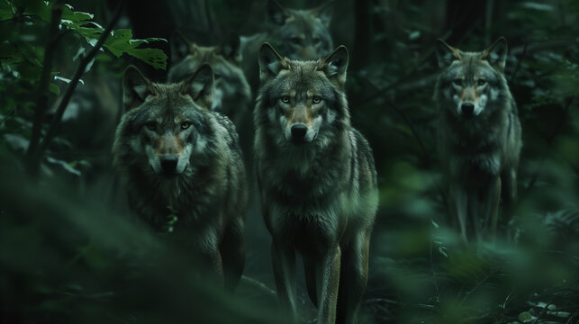 A wolf pack in the depths of a green forest, the wild life of nature