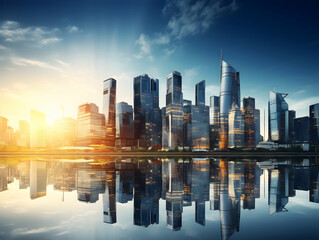 Naklejka premium City square and skyline with modern buildings scenery, Aerial view of a business city and commercial area building, high rise building for business environment