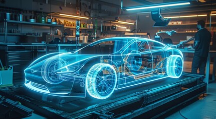 Obraz premium Glowing blue neon car model in auto repair shop