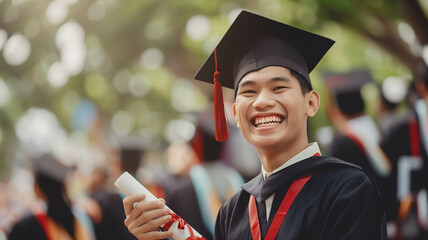 A happy graduate student proudly holding a certificate after the graduation ceremony at university