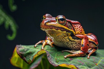 Fototapeta premium Mystic portrait of Common Frog on leave, full body view, isolated on black background