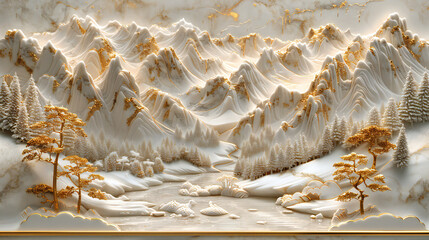 Volumetric stucco molding on a concrete wall with golden elements, Japanese landscape, waterfall, mountains, sakura.