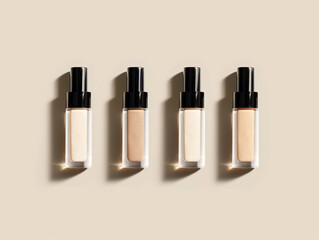 Obraz premium Flat Lay of Four Skincare Serum Bottles in Different Colors on Beige Background for Beauty and Wellness