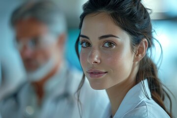 Obraz premium Young Female Doctor in Medical Uniform Smiling Confidently in a Modern Healthcare Setting with Fellow Colleague in the Backgroundyoung doctor