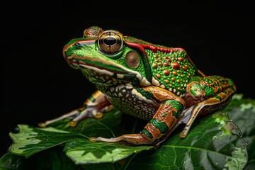 Naklejka premium Mystic portrait of Green Paddy Frog on leave, full body view, 